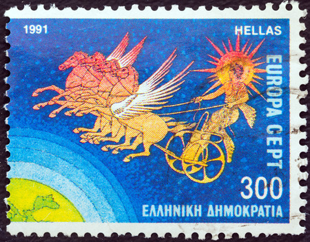 GREECE - CIRCA 1991  A stamp printed in Greece from the  Europa  issue shows Helios and Chariot of the Sun, circa 1991  のeditorial素材