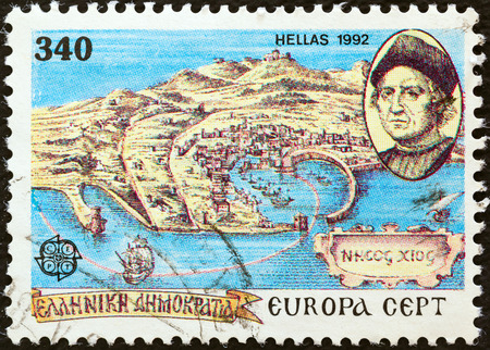 GREECE - CIRCA 1992  A stamp printed in Greece from the  Europa  issue shows map of 15th century Chios and Christopher Columbus, circa 1992  のeditorial素材