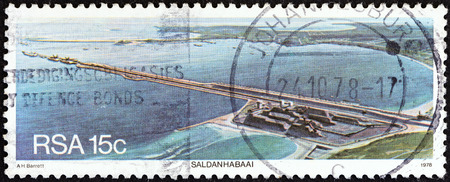 SOUTH AFRICA - CIRCA 1978  A stamp printed in South Africa from the  Harbours   issue shows Saldanha port, circa 1978  のeditorial素材