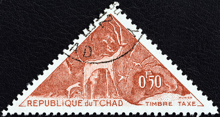 CHAD - CIRCA 1962  A stamp printed in Chad from the  Prehistoric petroglyphs  issue shows Kudu, circa 1962 のeditorial素材