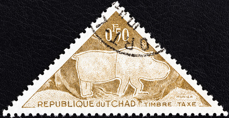 CHAD - CIRCA 1962  A stamp printed in Chad from the  Prehistoric petroglyphs  issue shows Rhinoceros, circa 1962  のeditorial素材