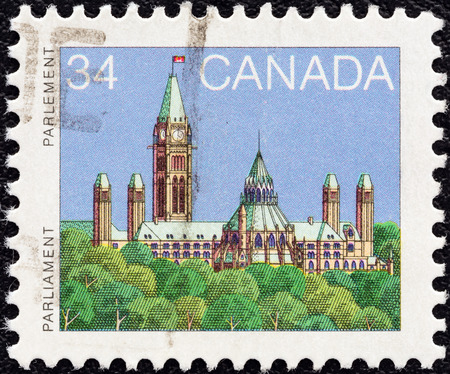 CANADA - CIRCA 1985  A stamp printed in Canada shows rear view, Parliament Building, Ottawa, circa 1985  のeditorial素材