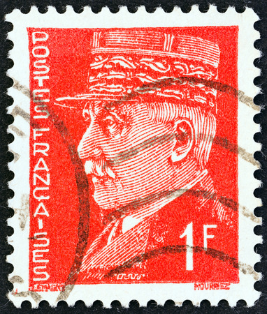FRANCE - CIRCA 1941  A stamp printed in France shows Marshal Petain, circa 1941  のeditorial素材
