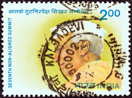 INDIA - CIRCA 1983  A stamp printed in India issued for the 7th Non aligned Summit Conference, New Delhi shows the first Prime minister of India Jawaharlal Nehru, circa 1983  のeditorial素材