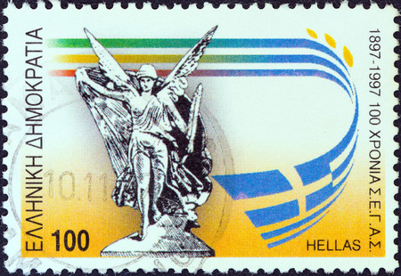 GREECE - CIRCA 1997  A stamp printed in Greece from the  6th World Athletics Championships, Athens  issue shows Nike  statue , circa 1997 のeditorial素材