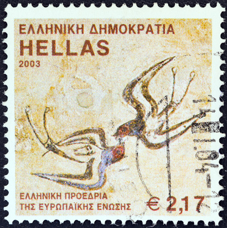 GREECE - CIRCA 2003  A stamp printed in Greece from the  EU Greek Presidency  issue shows  The Spring Fresco , Santorini island, circa 2003  のeditorial素材