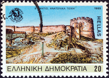 GREECE - CIRCA 1985  A stamp printed in Greece from the  2300th anniversary of Thessaloniki city  issue shows Thessaloniki s eastern walls  Byzantine period , circa 1985  のeditorial素材