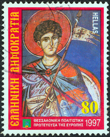 GREECE - CIRCA 1997  A stamp printed in Greece from the  Thessaloniki, Cultural Capital of Europe  issue shows patron Saint Dimitrios  fresco, Agios Nikolaos Orphanos Church , circa 1997  のeditorial素材