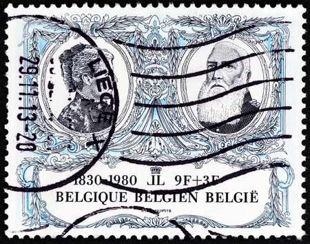 BELGIUM - CIRCA 1980  A stamp printed in Belgium from the  150th anniversary of Belgian Independence   2nd issue shows King Leopold II and Queen Marie Henriette, circa 1980  のeditorial素材