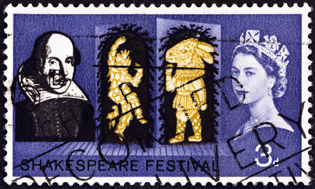 UNITED KINGDOM - CIRCA 1964: A stamp printed in United Kingdom from the \"Shakespeare Festival \" issue shows Puck and Bottom (A Midsummer Night\'s Dream), circa 1964. のeditorial素材