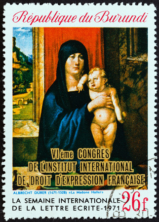 BURUNDI - CIRCA 1971: A stamp printed in Burundi from the \\\\\\\"6th Congress of International Institute of French Law, Bujumbura \\\\\\\" issue shows The Halle Madonna (Albrecht Durer), circa 1971.のeditorial素材