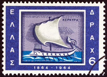 GREECE - CIRCA 1964: A stamp printed in Greece from the \"Centenary of Union of Ionian Islands with Greece\" issue shows Trireme emblem of Corfu, circa 1964.のeditorial素材