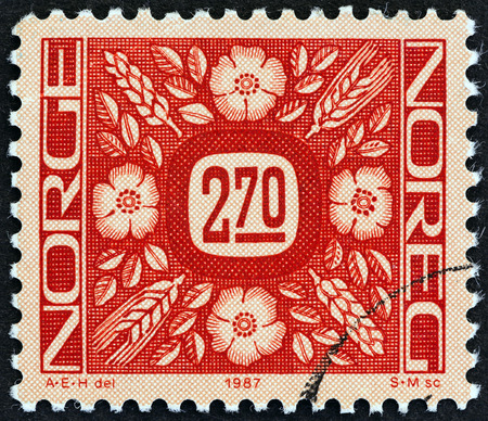 NORWAY - CIRCA 1987: A stamp printed in Norway shows ornaments, circa 1987.のeditorial素材