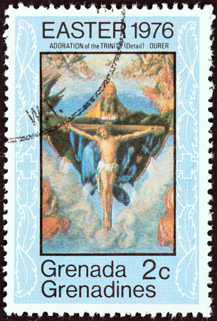 GRENADINES OF GRENADA - CIRCA 1976: A stamp printed in Grenada from the \\\\\\\"Easter \\\\\\\" issue shows The Adoration of the Trinity (Durer), circa 1976.のeditorial素材