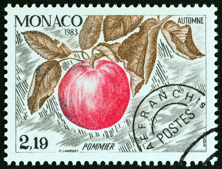 MONACO - CIRCA 1983: A stamp printed in Monaco from the \"The Four Seasons of the Apple Tree \" issue shows Autumn, circa 1983.のeditorial素材