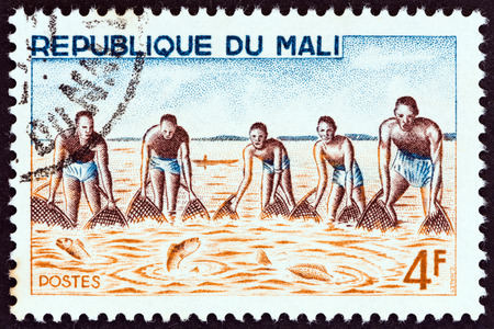 MALI - CIRCA 1966: A stamp printed in Mali from the "River Fishing" issue shows collective shore fishing, circa 1966.のeditorial素材