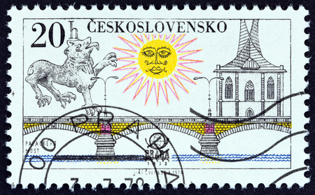 CZECHOSLOVAKIA - CIRCA 1978: A stamp printed in Czechoslovakia from the \"PRAGA 78 International Stamp Exhibition. Prague Bridges \" issue shows Palacky Bridge, circa 1978.のeditorial素材