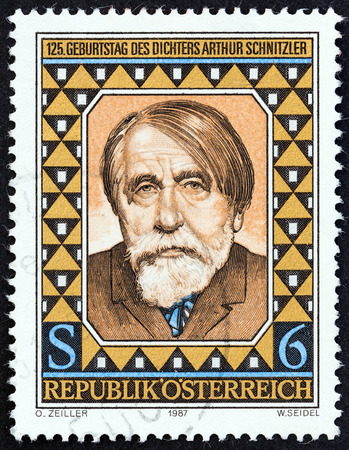 AUSTRIA  CIRCA 1987: A stamp printed in Austria issued for the 125th anniversary of the birth of Arthur Schnitzler shows author and dramatist Arthur Schnitzler circa 1987.のeditorial素材