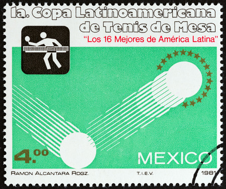 MEXICO  CIRCA 1981: A stamp printed in Mexico issued for the 1st LatinAmerican Table Tennis Cup shows Table Tennis balls in flight circa 1981.のeditorial素材