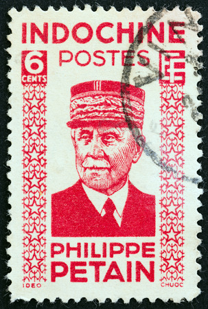 INDOCHINA  CIRCA 1942: A stamp printed in Indochina shows Marshal Petain circa 1942.のeditorial素材