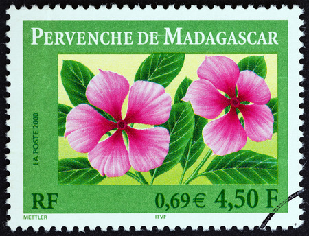 FRANCE  CIRCA 2000: A stamp printed in France shows Madagascar periwinkle Catharanthus roseus circa 2000.のeditorial素材