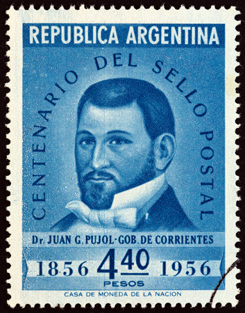 ARGENTINA  CIRCA 1956: A stamp printed in Argentina issued for the Centenary of 1st Argentine Stamps shows Dr. Juan Gregorio Pujol Governor of the Province of Corrientes circa 1956.のeditorial素材
