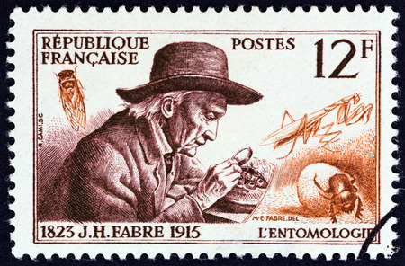 FRANCE  CIRCA 1956: A stamp printed in France from the "French Scientists " issue shows entomologist JeanHenri Fabre circa 1956.のeditorial素材