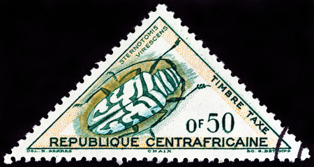 CENTRAL AFRICAN REPUBLIC  CIRCA 1962: A stamp printed in Central African Republic from the "Insects " issue shows Sternotomis virescens circa 1962.のeditorial素材