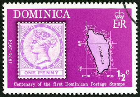 DOMINICA  CIRCA 1974: A stamp printed in Dominica from the "100th Anniversary of the Stamps of Dominica " issue shows Dominica one penny stamp of 1874 and map circa 1974.のeditorial素材