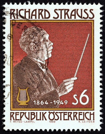 AUSTRIA - CIRCA 1989: A stamp printed in Austria issued for the 125th birth anniversary of Richard Strauss shows Richard Strauss composer, circa 1989.のeditorial素材