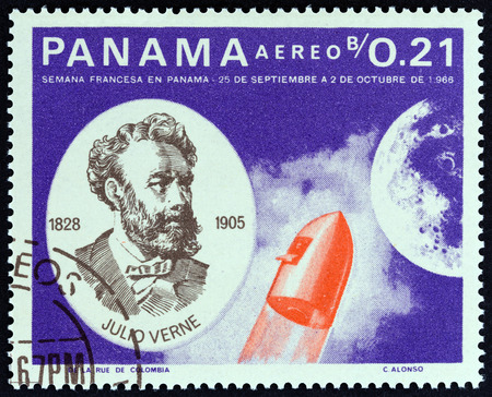 PANAMA - CIRCA 1966: A stamp printed in Panama from the "Jules Verne. French Contribution to the Exploration of Outer Space " issue shows Jules Verne and rocket, circa 1966.のeditorial素材