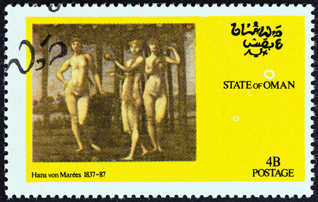 STATE OF OMAN - CIRCA 1972: A Cinderella stamp printed in Oman shows Hans von Marees painting, circa 1972.のeditorial素材