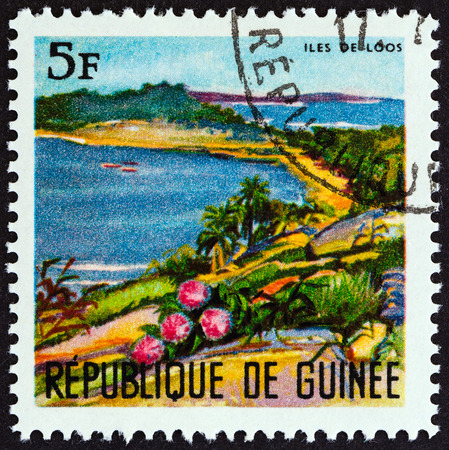 GUINEA - CIRCA 1967: A stamp printed in Guinea from the "Landscapes " issue shows Loos Islands, circa 1967.のeditorial素材