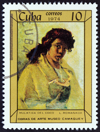 CUBA - CIRCA 1974: A stamp printed in Cuba from the "Paintings in Camaguey Museum " issue shows Mulatto Woman with Coconut by Leopoldo Romanach, circa 1974.のeditorial素材