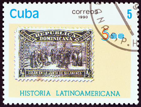 CUBA - CIRCA 1990: A stamp printed in Cuba from the "Latin American History 5th series" issue shows Dominican Republic 1900 Columbus stamp, circa 1990.のeditorial素材