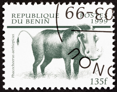 BENIN - CIRCA 1999: A stamp printed in Benin from the "Mammals " issue shows Desert Warthog (Phacochoerus aethiopicus), circa 1999.のeditorial素材