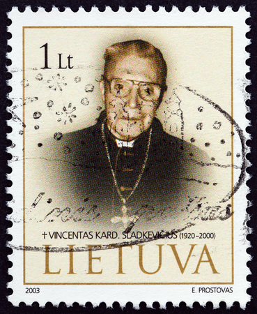 LITHUANIA - CIRCA 2003: A stamp printed in Lithuania shows Cardinal Vincentas Sladkevichius (1920-2000), circa 2003.のeditorial素材