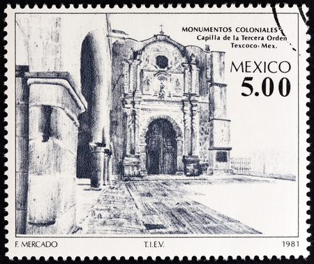 MEXICO - CIRCA 1981: A stamp printed in Mexico from the "Colonial Architecture " issue shows Chapel of the Third Order, Texcoco, circa 1981.のeditorial素材