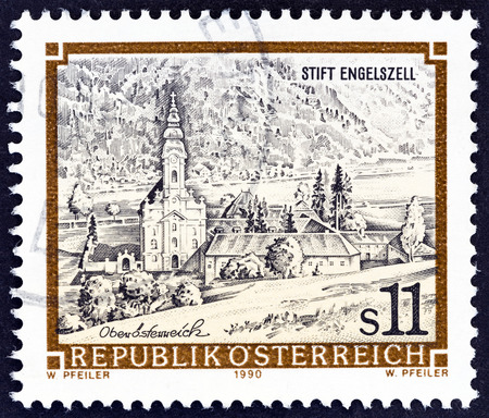 AUSTRIA - CIRCA 1990: A stamp printed in Austria from the "Monasteries and Abbeys" issue shows Engelszell Monastery, circa 1990.のeditorial素材