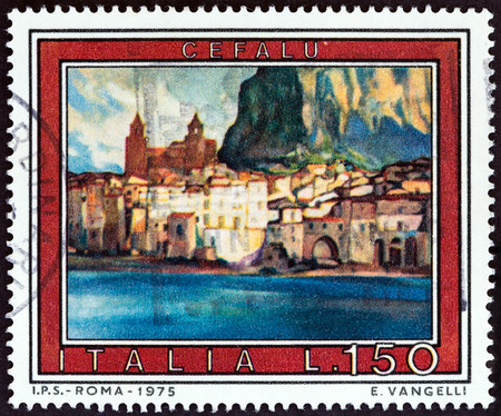 ITALY - CIRCA 1975: A stamp printed in Italy from the "Tourist Publicity (2nd series)" issue shows Cefalu, circa 1975.のeditorial素材