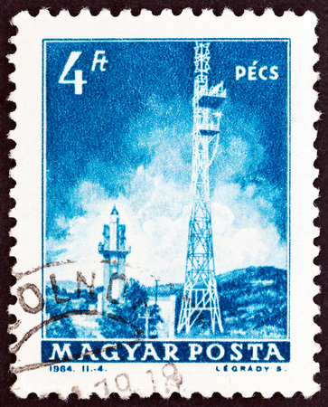 HUNGARY - CIRCA 1964: A stamp printed in Hungary from the "Transport and Communications" issue shows Television Tower, Pecs, circa 1964.のeditorial素材