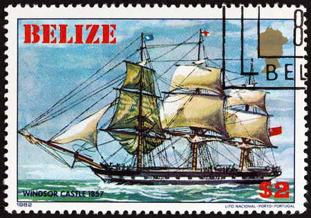 BELIZE - CIRCA 1982: A stamp printed in Belize from the "Sailing Ships" issue shows Windsor Castle, 1857, circa 1982.のeditorial素材