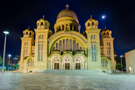 Saint Andrew basilica at night, the largest church in Greece, Patras, Peloponnese.の写真素材