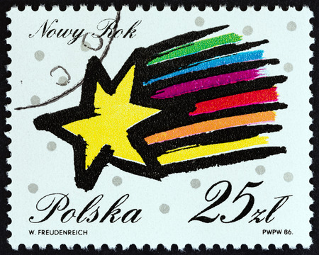 POLAND - CIRCA 1986: A stamp printed in Poland from the "New Year " issue shows star, circa 1986.のeditorial素材