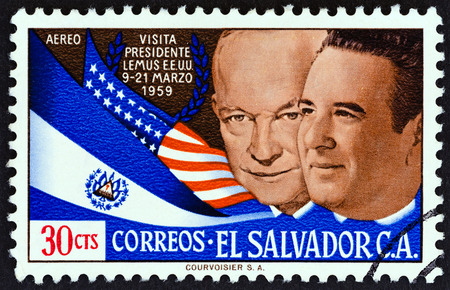 EL SALVADOR - CIRCA 1959: A stamp printed in El Salvador issued for the Visit of President Jose Maria Lemus to U.S shows Presidents Eisenhower and Lemus, circa 1959.のeditorial素材