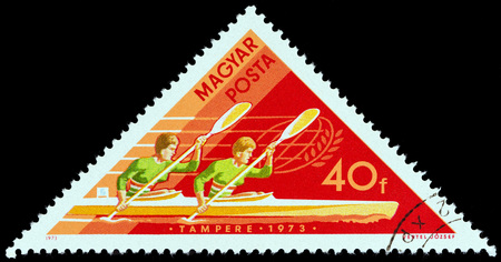 HUNGARY - CIRCA 1973: A stamp printed in Hungary from the "World Aquatic Sports Championships, Belgrade and Tampere" issue shows Women's Double Kayak, circa 1973.のeditorial素材