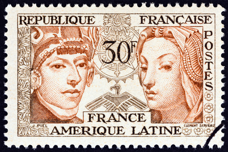 FRANCE - CIRCA 1956: A stamp printed in France from the "Franco-Latin American Friendship" issue shows Latin America and France, circa 1956.のeditorial素材