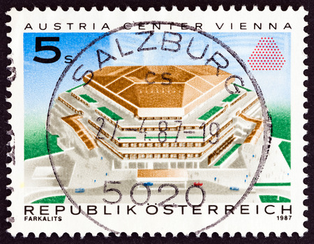 AUSTRIA - CIRCA 1987: A stamp printed in Austria issued for the Inauguration of Austria Conference Center, Vienna shows Austria Center, circa 1987.のeditorial素材
