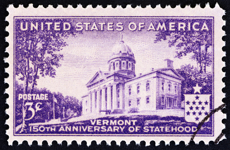 USA - CIRCA 1941: A stamp printed in USA issued for the 150th anniversary of Vermont statehood shows State Capitol building, Montpelier, circa 1941.のeditorial素材