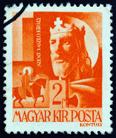 HUNGARY - CIRCA 1943: A stamp printed in Hungary from the "The Church in Hungary " issue shows King Ladislas, circa 1943.のeditorial素材